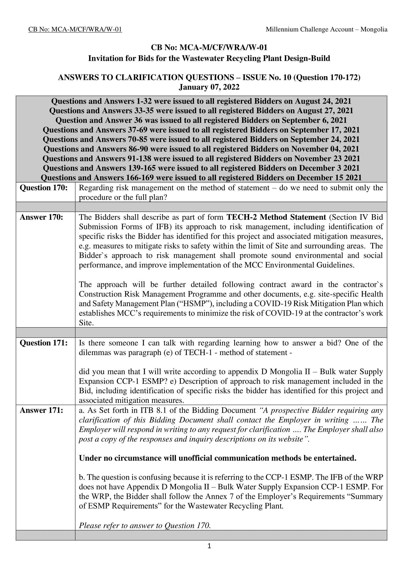 Wastewater Recycling Plant Design Build Clarification 10 Questions 170 172   Final January 07 2021 1